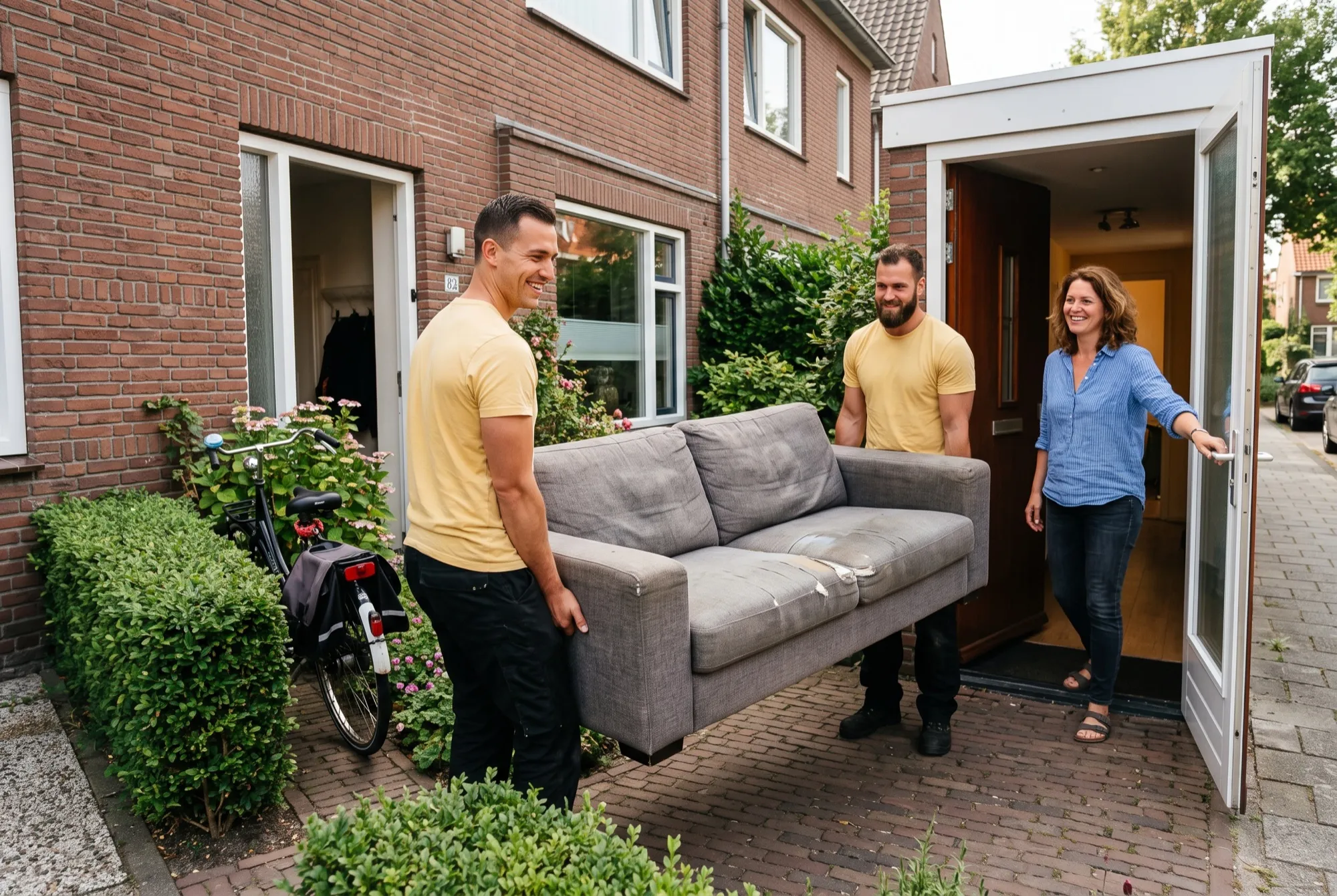 Twee ophalers dragen een oude bank naar buiten