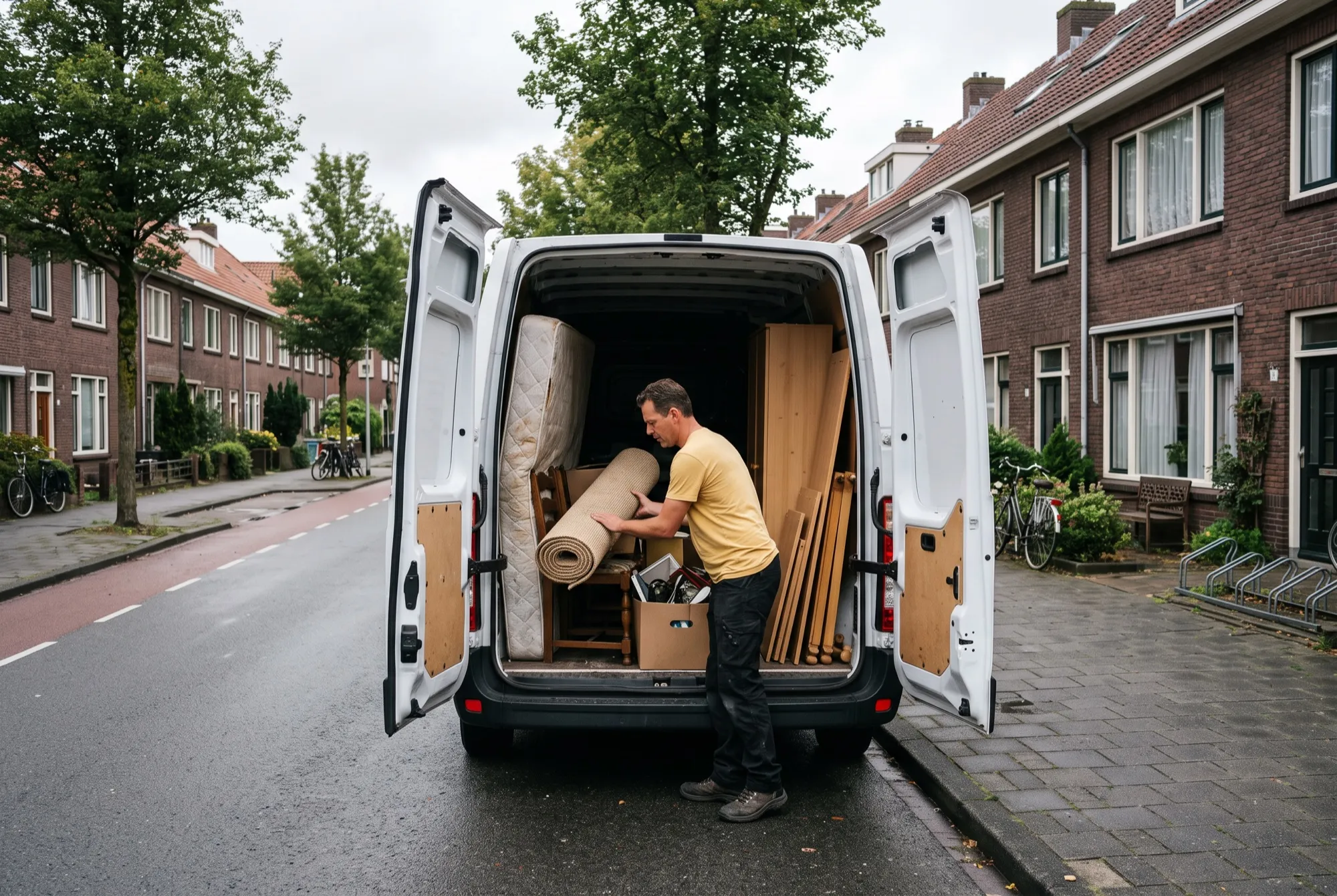 Bestelbus met oude spullen in een woonstraat