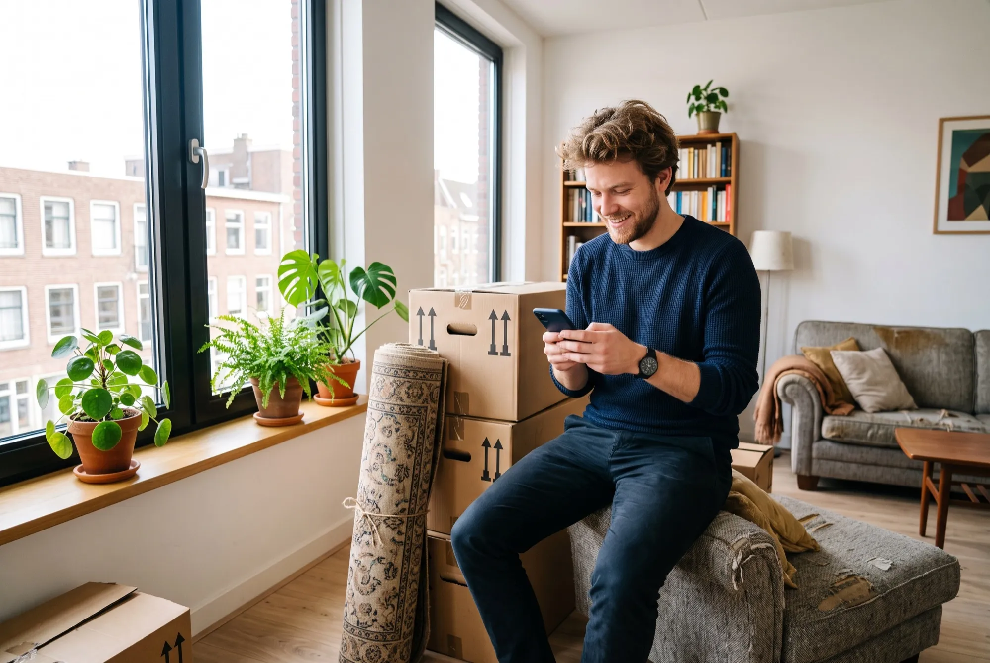 Jonge man regelt op zijn telefoon dat zijn oude bank wordt opgehaald