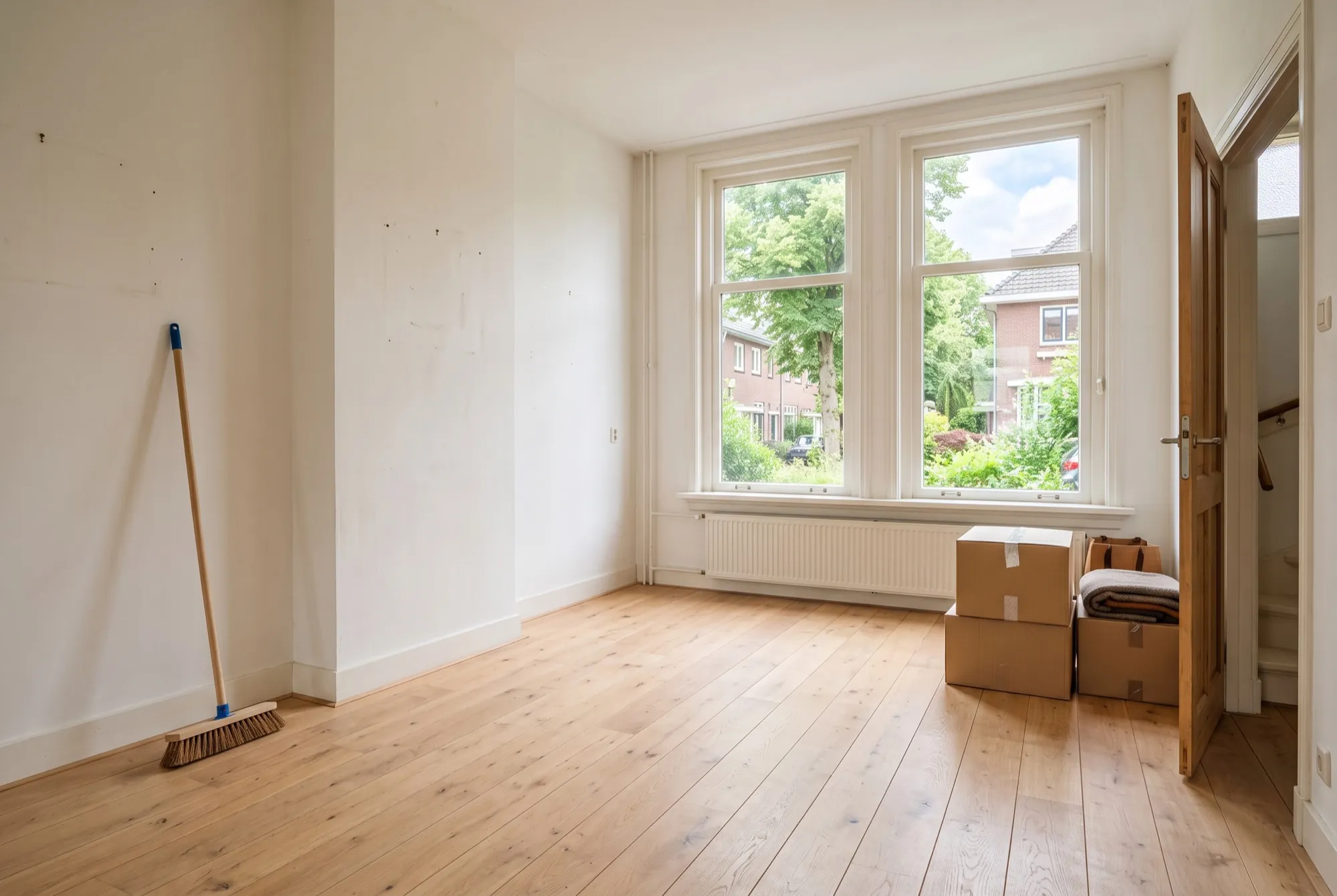 Een lege, bezemschone woonkamer
