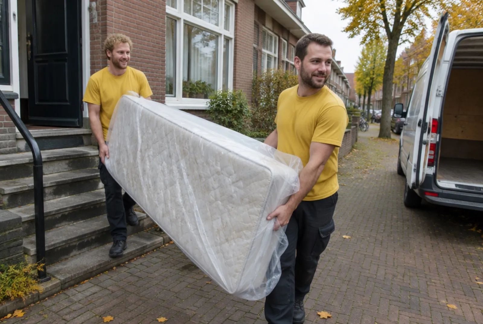 Twee ophalers dragen een oude matras in een matraszak naar de bus
