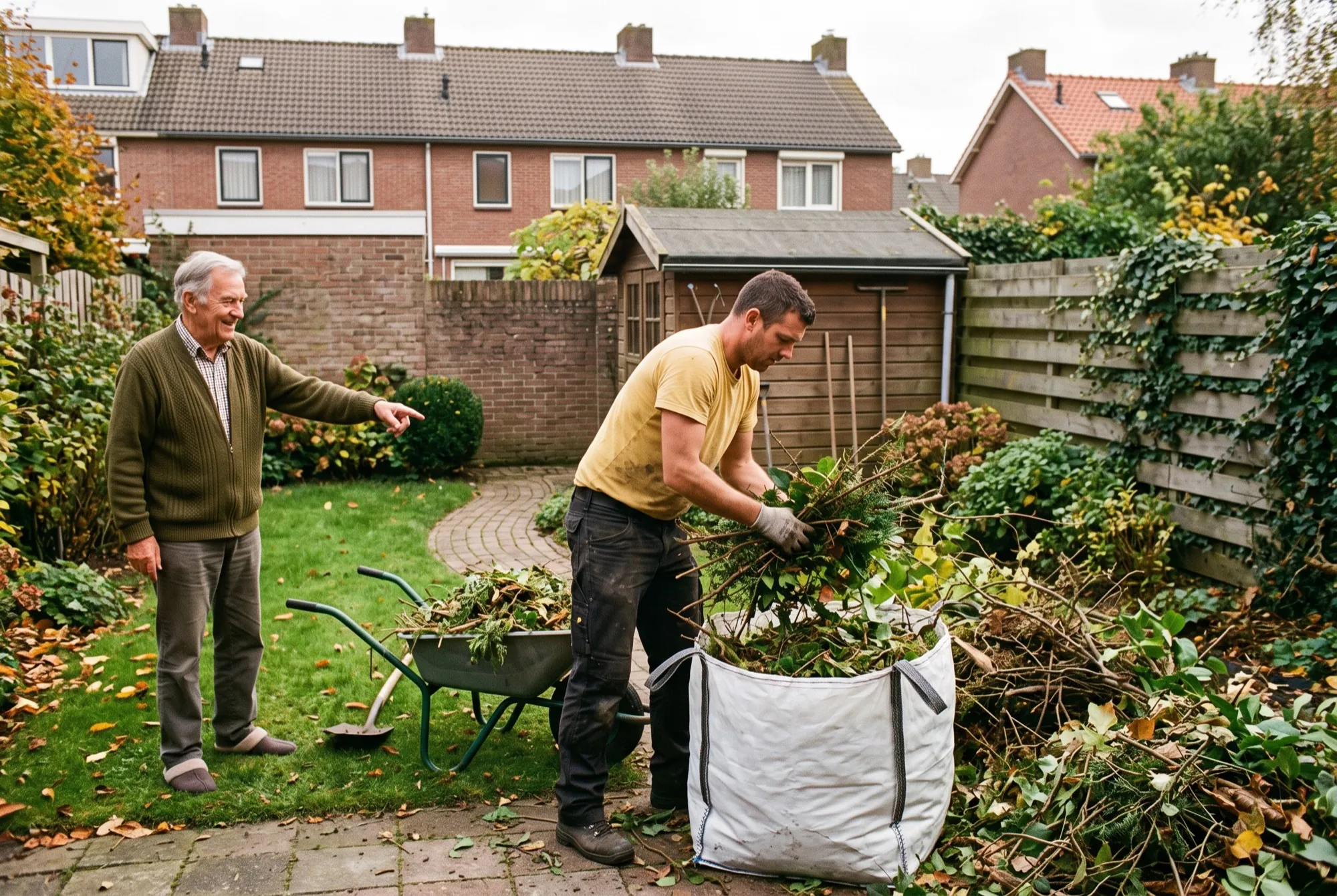 Snoeiafval uit een achtertuin wordt in een big bag geladen