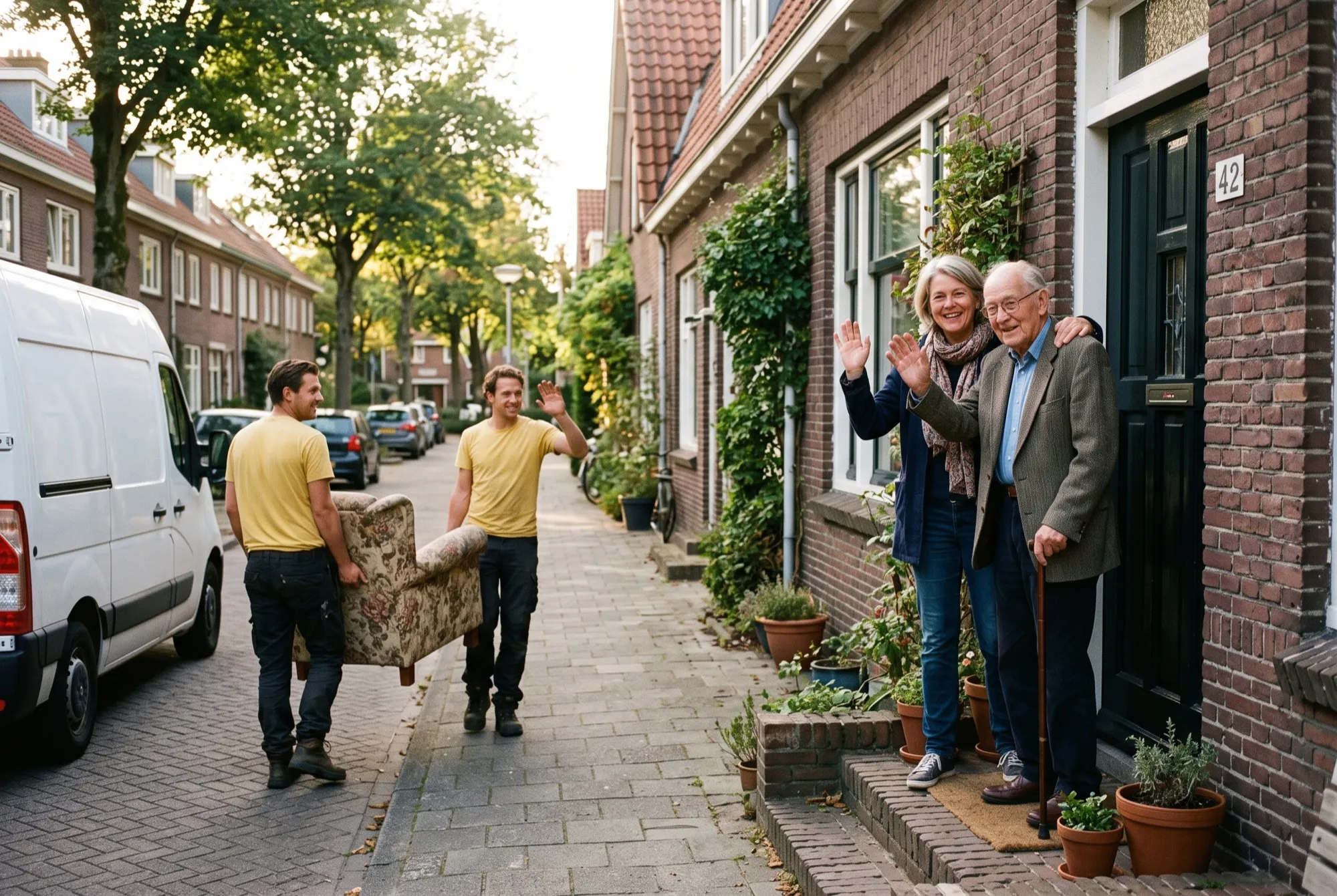 Dochter en vader zwaaien de ophalers uit die een oude stoel meenemen